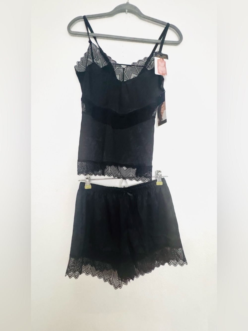 RACHEL ROY Satin Cami Short Set Lace Trim Black Size Small